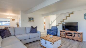 Smart TV, fireplace, video games, DVD player