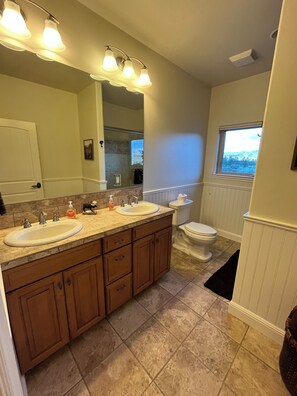 Hair dryer, towels, soap, toilet paper