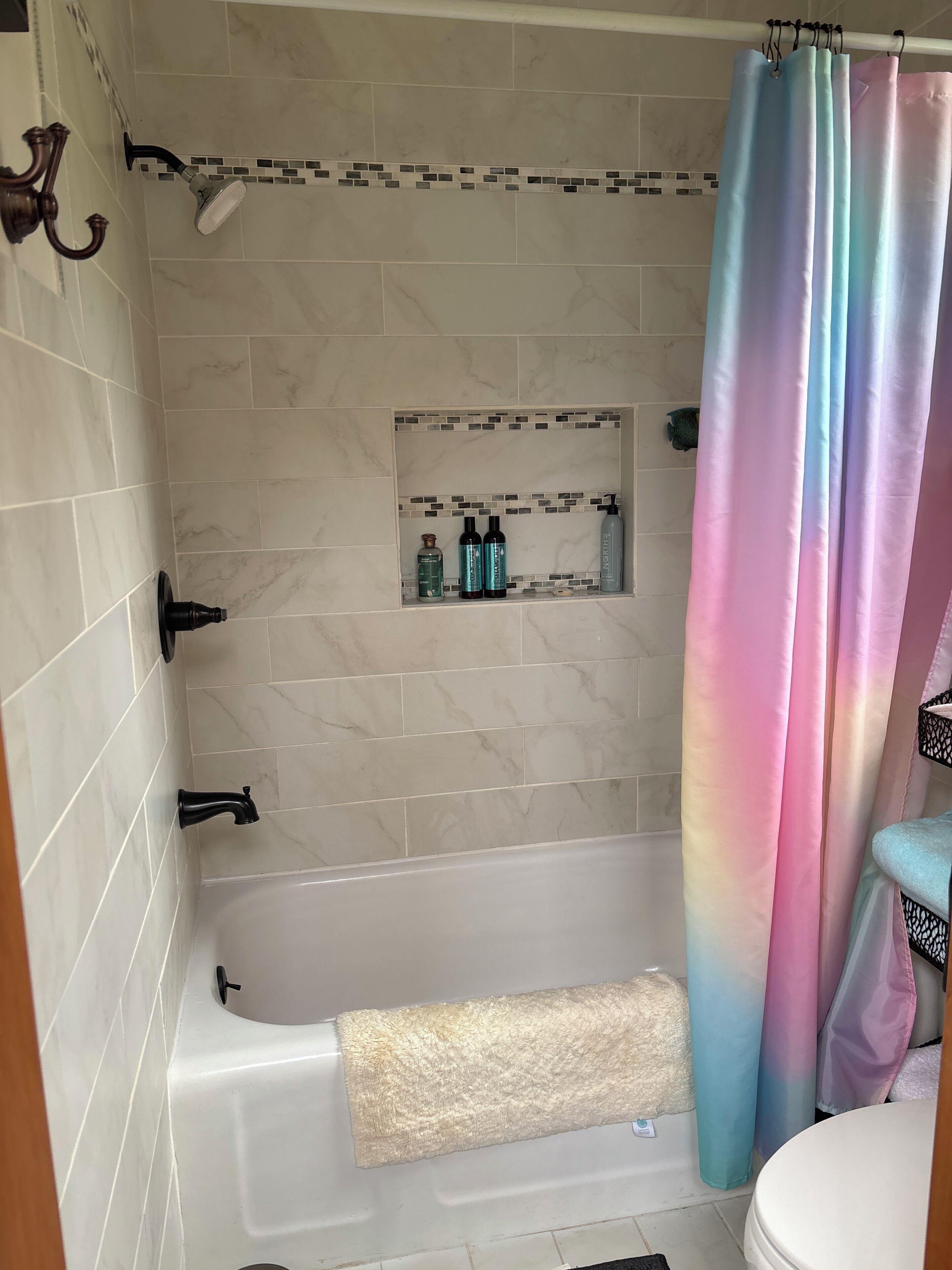Hair dryer, towels, soap, toilet paper
