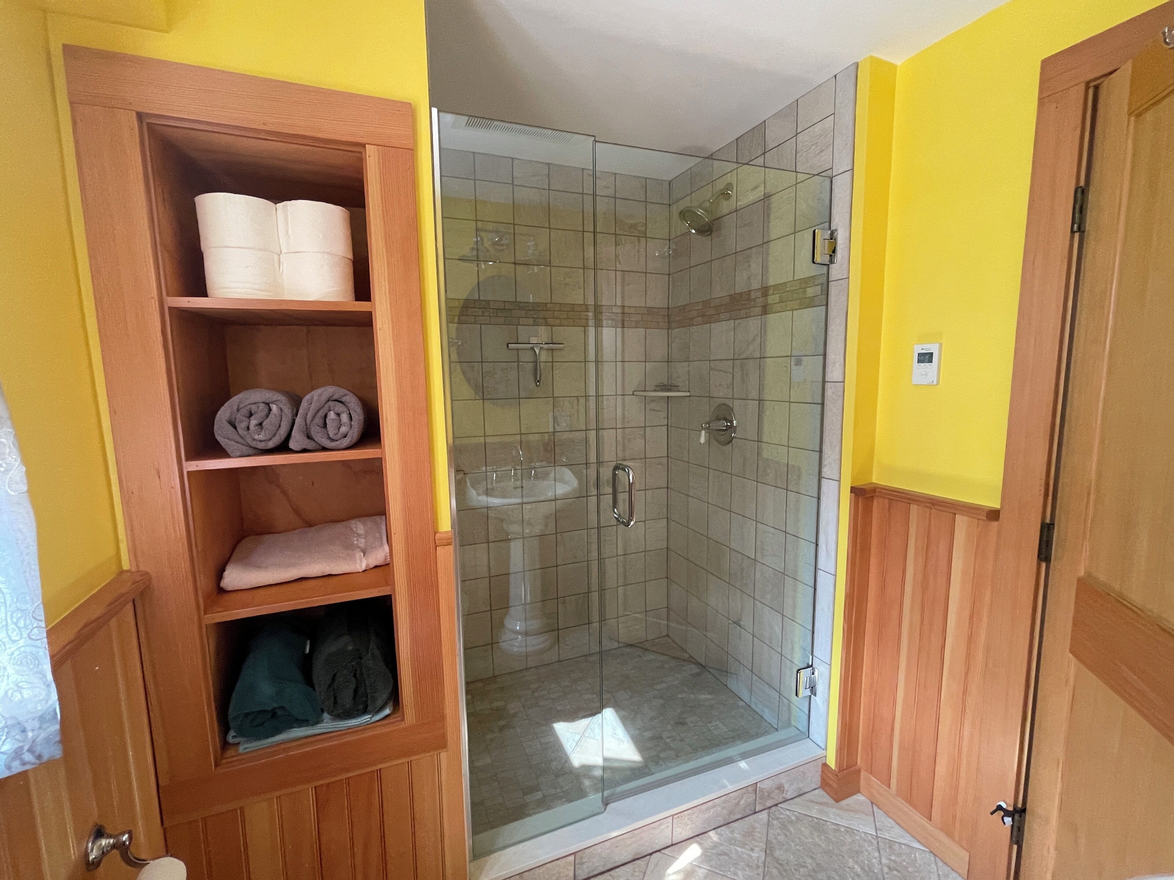 Shower, hair dryer, towels, soap