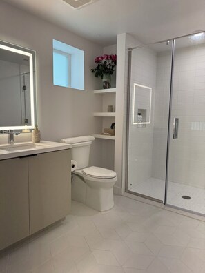 Shower, hair dryer, towels, soap