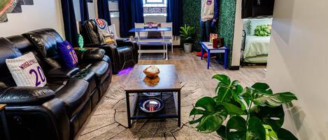 1 bedroom, desk, iron/ironing board, travel crib