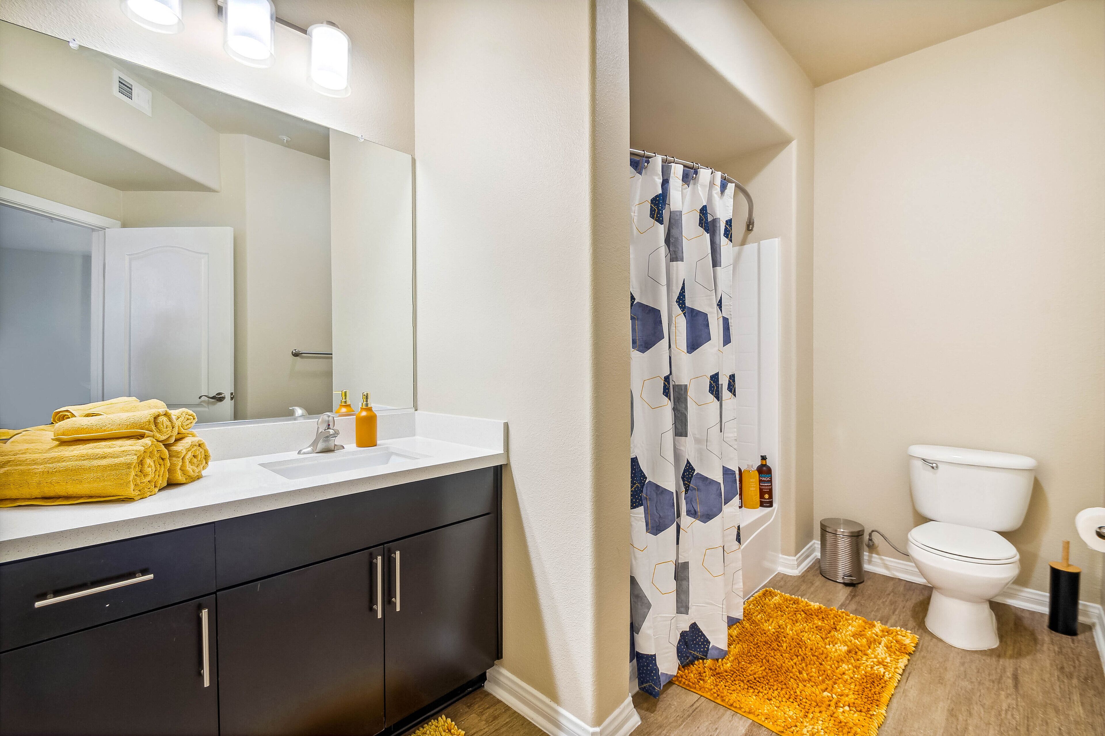 Hair dryer, towels, soap, shampoo