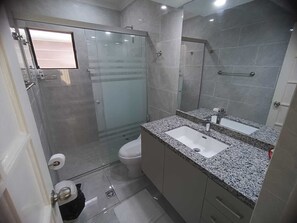 Shower, towels, toilet paper