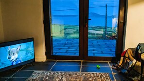 A room with a television displaying a cartoon character, a sliding glass door leading to a paved outdoor area, and a patterned rug on the floor.