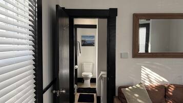 A narrow hallway leading to a bathroom with a toilet and a radiator. There is a brown sofa with a cushion in the room.