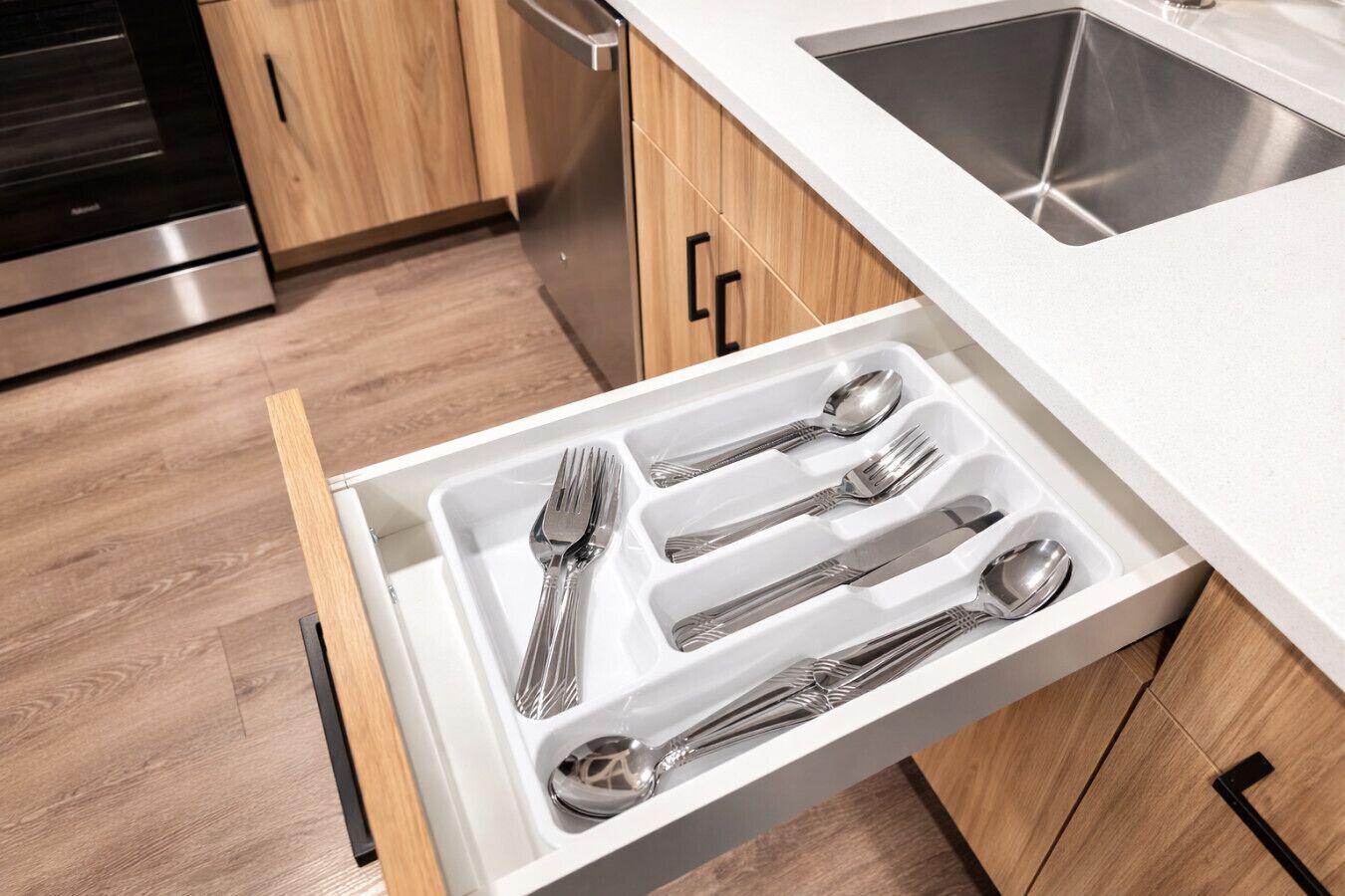 Fridge, stovetop, dishwasher, coffee/tea maker