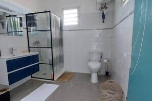 Een badkamer met een douchecabine van glas, een wit toilet en een wastafel met een blauwe kast.