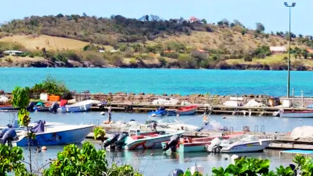 A marina with boats docked, surrounded by greenery and hills in the background. - La Fleur Doré studio - Vauclin (Le Vauclin)