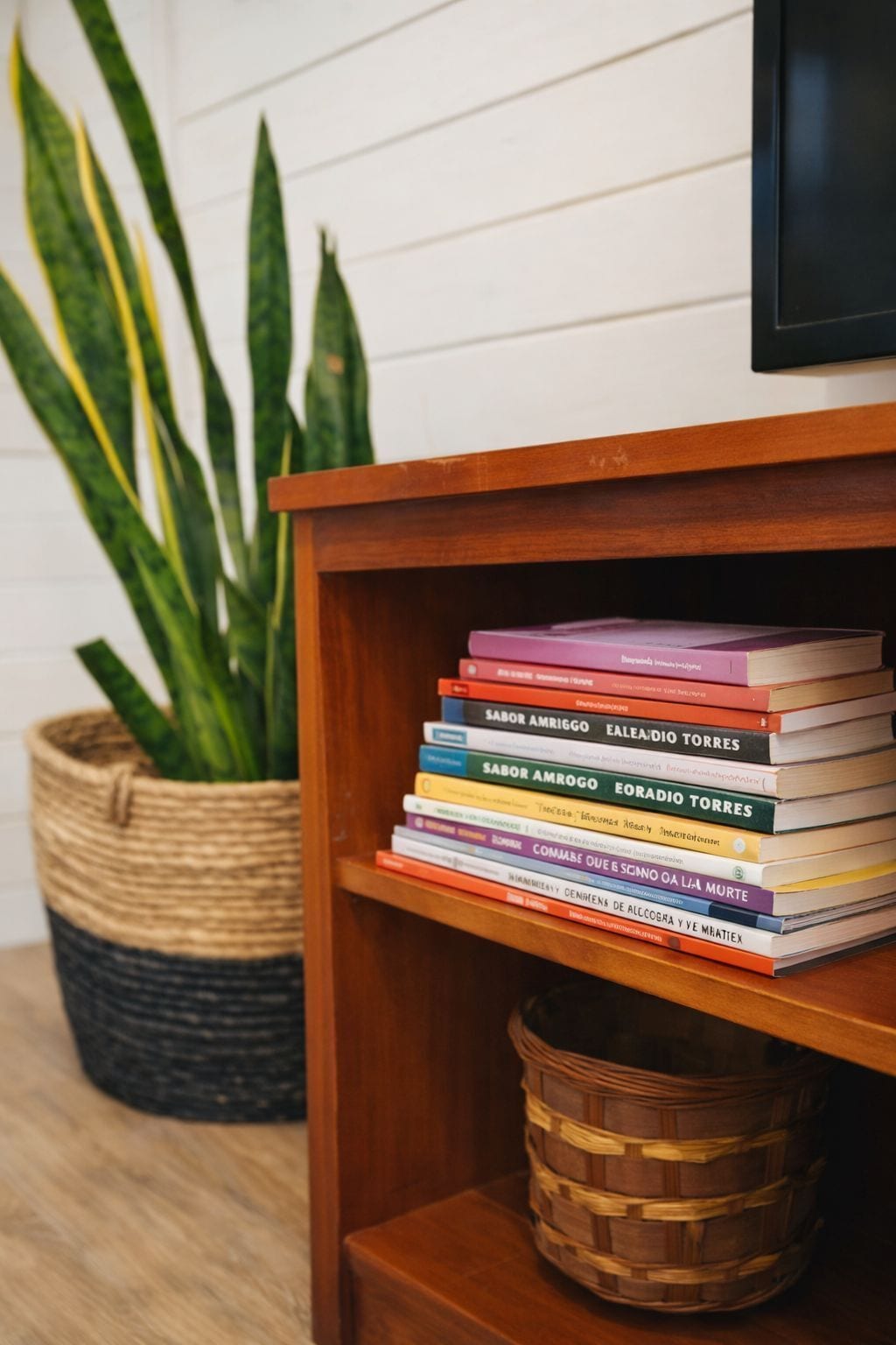 Una estantería de madera con una pila de libros y una cesta tejida.
