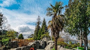 Une piscine avec un toboggan, entourée de rochers et de palmiers.