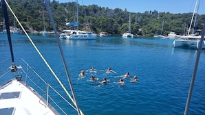 Un grupo de personas nadando en una marina rodeada de barcos y una ladera boscosa.