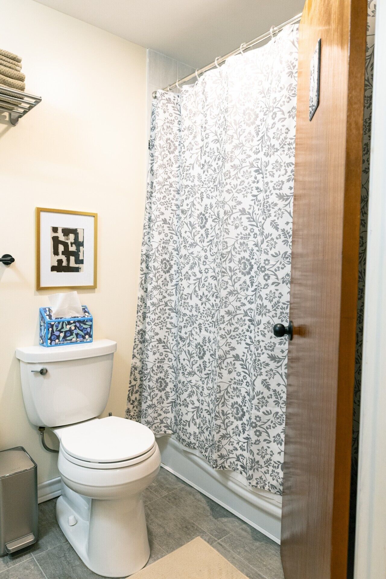 Een badkamer met toilet, een pak tissues, een lijst met foto en een douchegordijn.
