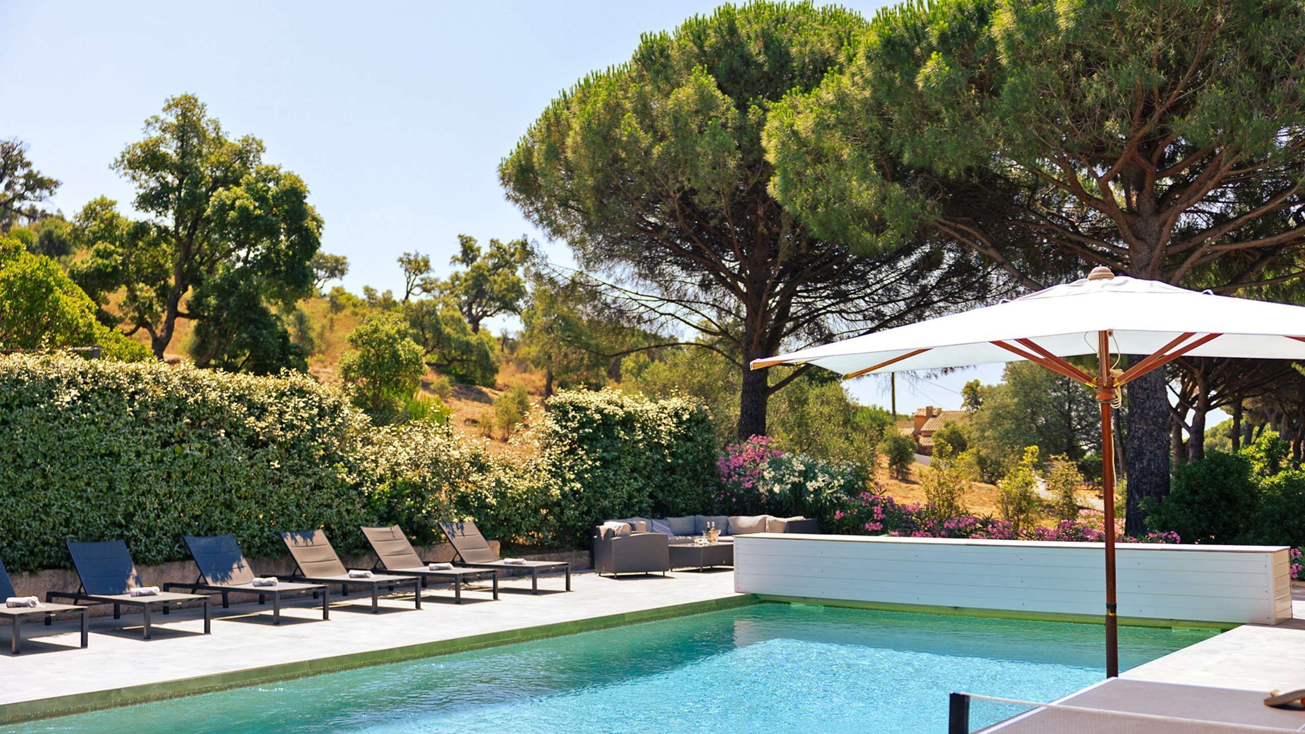 Un espace piscine agrémenté de chaises longues et d’un parasol, entouré de verdure et d’arbres.