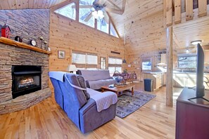 TV, fireplace, table football - No Agenda Cabin | Pet-Friendly Blue Ridge Cabin with Hot Tub & Firepit (Blue Ridge)