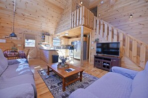 TV, fireplace, table football - No Agenda Cabin | Pet-Friendly Blue Ridge Cabin with Hot Tub & Firepit (Blue Ridge)