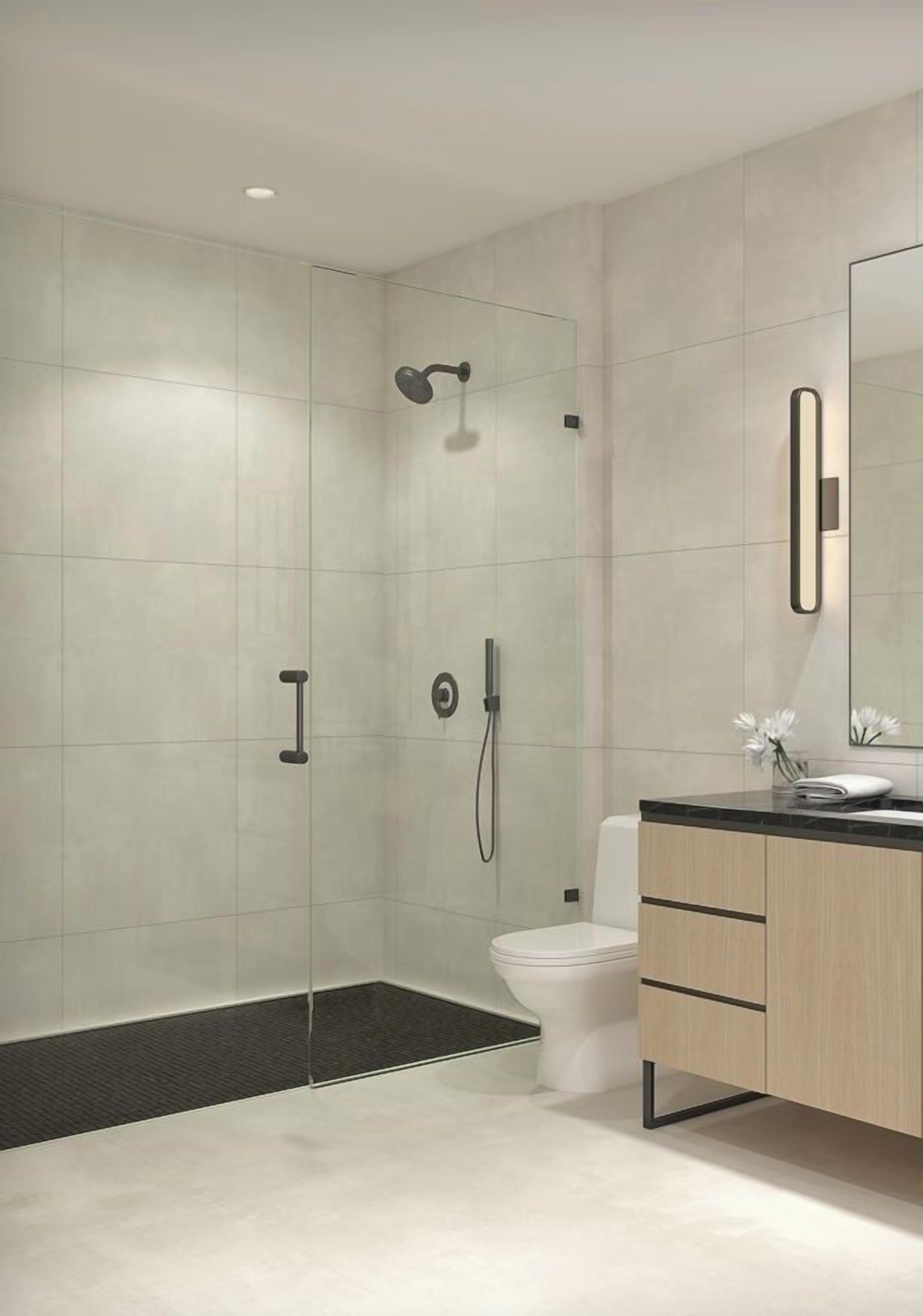 A modern bathroom with a glass shower enclosure, a toilet, and a vanity with a mirror.