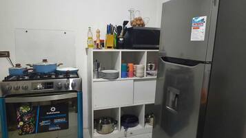 Full-sized fridge, microwave, stovetop, dishwasher