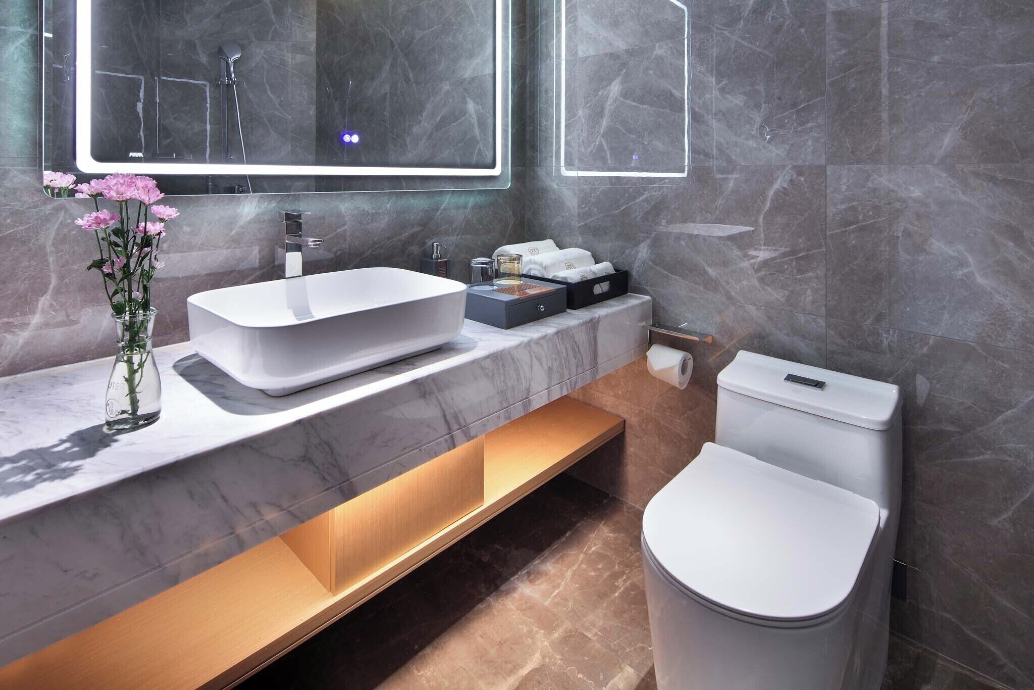 Un bagno moderno con un lavabo in marmo, un water e uno specchio sopra il lavabo.