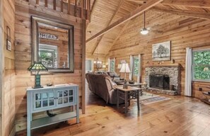 TV, fireplace, table football, books