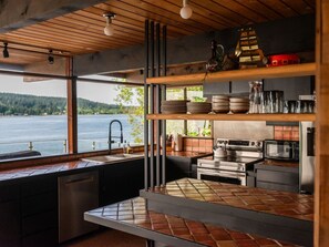 Fridge, microwave, oven, stovetop - Deck & Views: MCM Waterfront Port Orchard Retreat (Port Orchard)