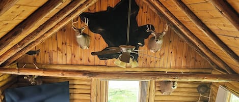 A log cabin interior with a wooden ceiling, a ceiling fan, a mounted television, a sofa with patterned cushions, and a window with a view of the outdoors.