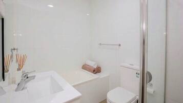 Hair dryer, towels, soap, toilet paper
