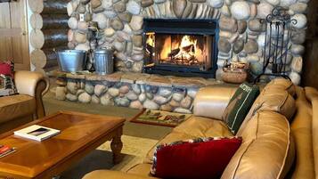 Smart TV, fireplace, DVD player, books