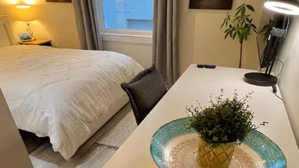 Pieni hotellihuone, jossa on sänky, työpöytä lampun kanssa, pieni kasvi ja ikkuna, jossa on verhot.