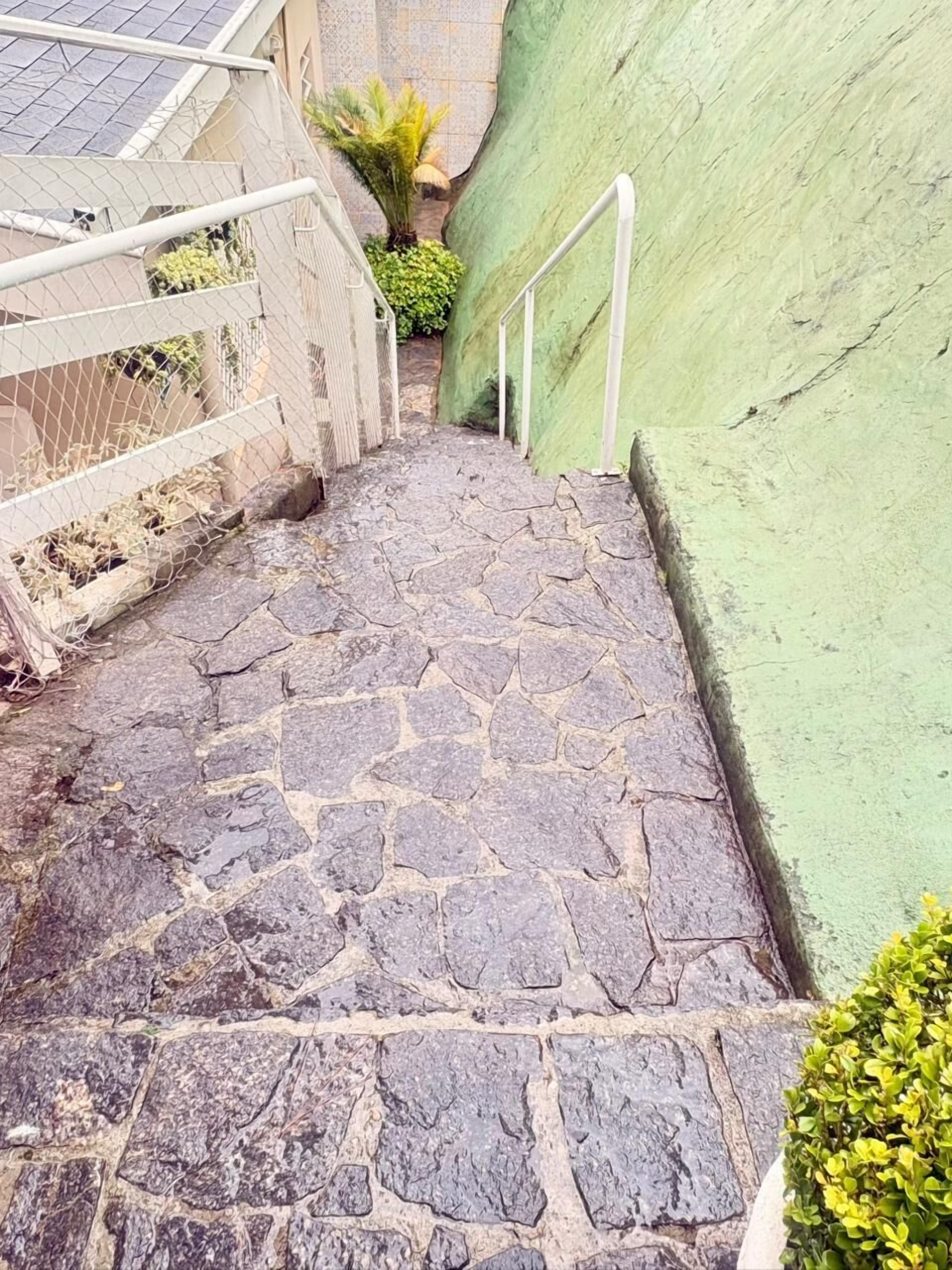 A stone staircase leading up to a building with a green wall.