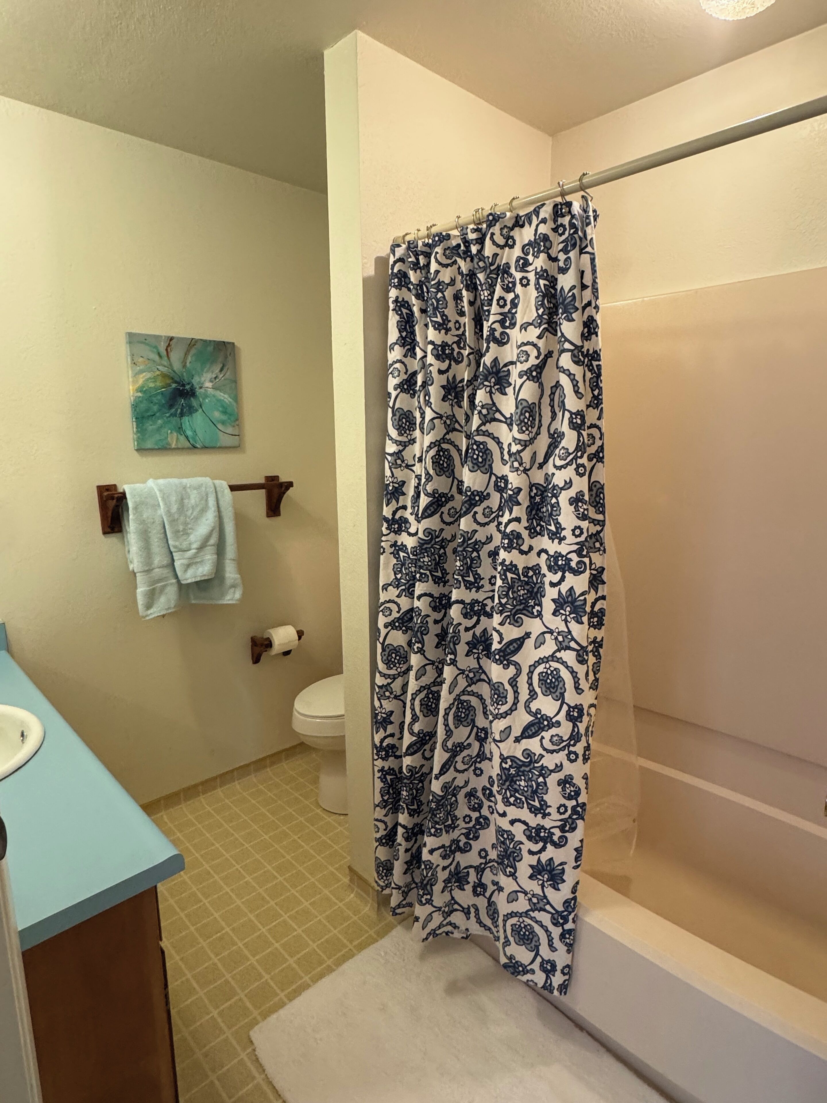 Un baño con cortina de ducha, inodoro, lavabo y un perchero para toallas.