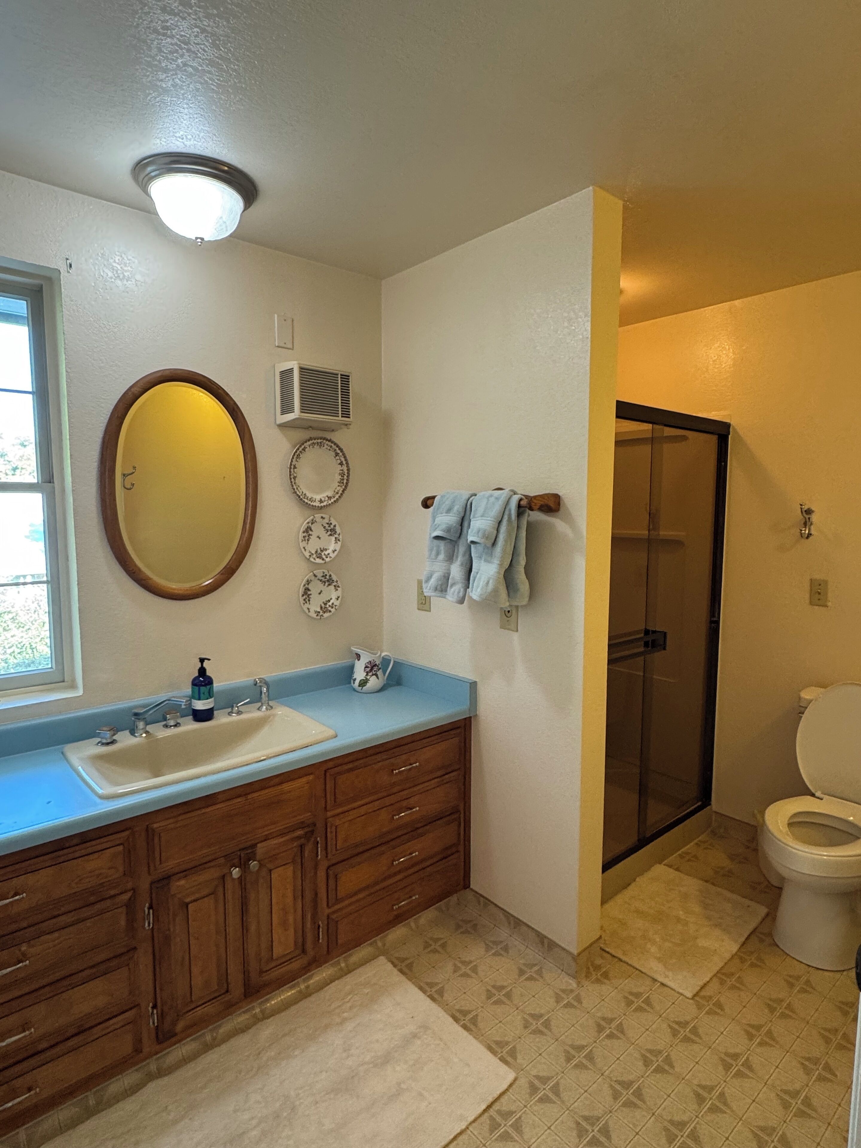 A bathroom with a sink, mirror, and toilet.