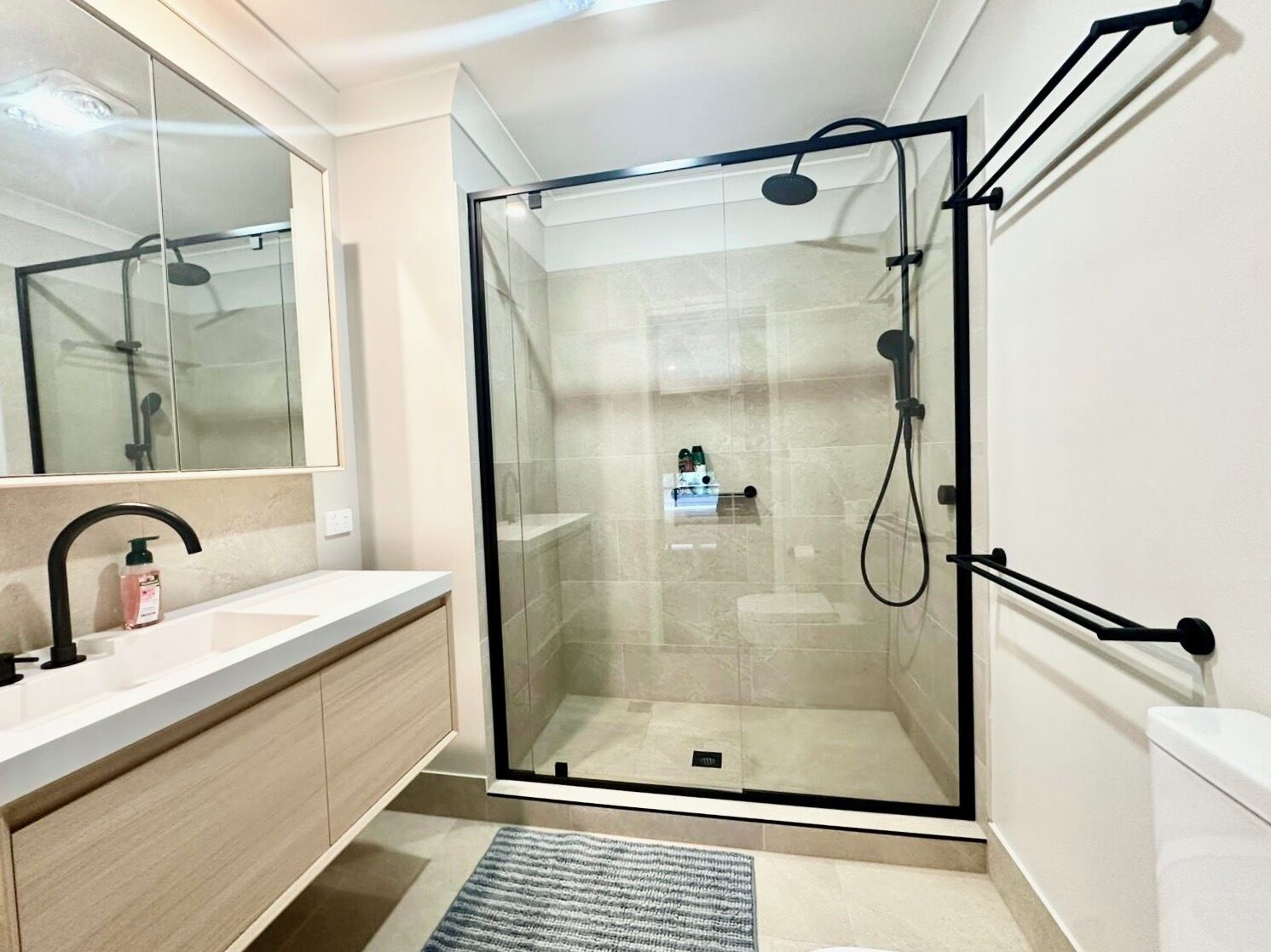 Shower, towels, soap, toilet paper