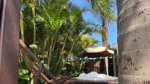 A wooden deck with a hot tub, surrounded by tropical plants and a palm tree.
