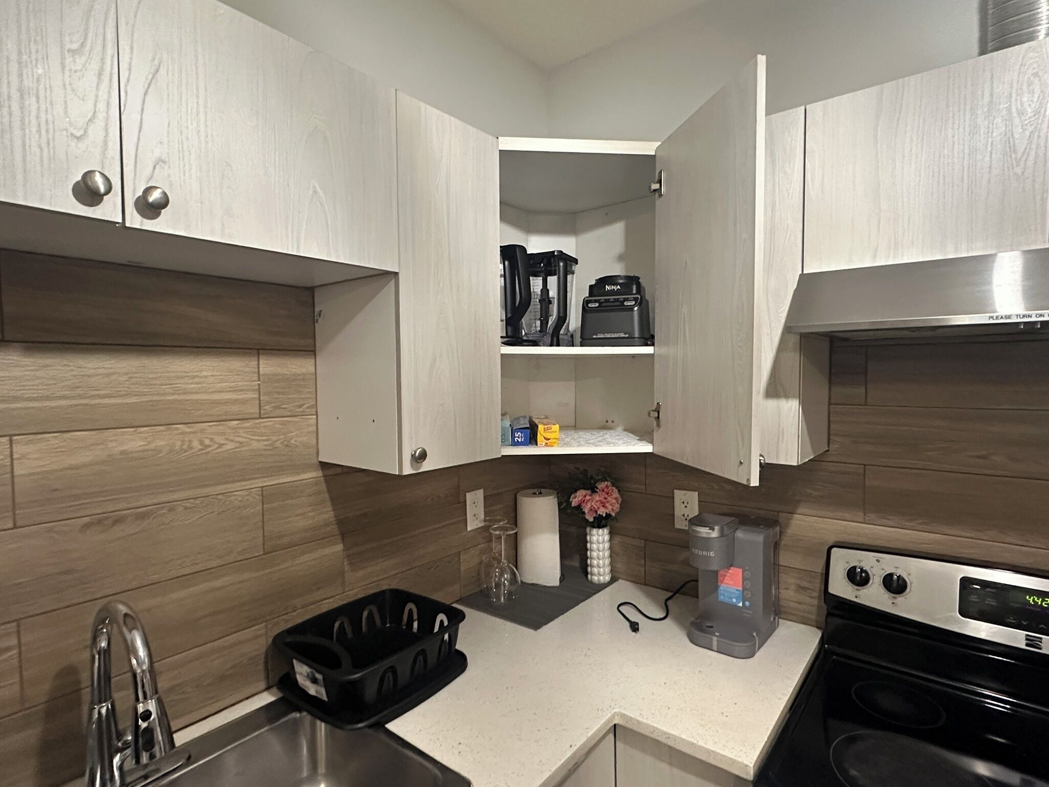 Een magnetron, een oven, een kookplaat, een vaatwasser