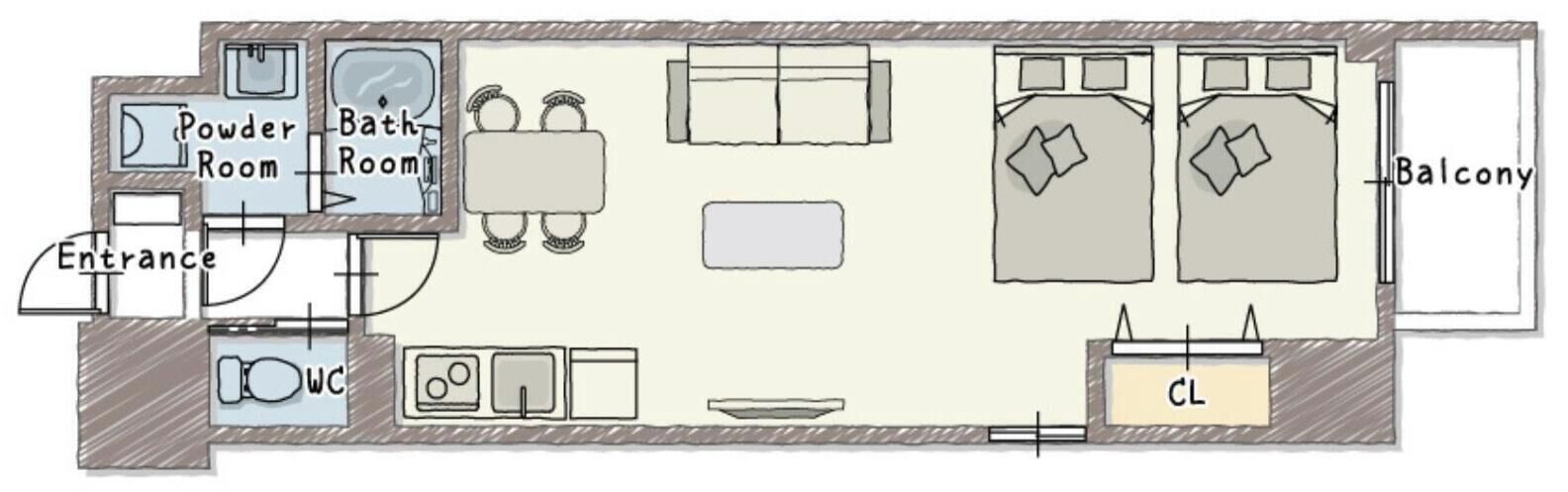 A hotel room layout with a powder room, bathroom, balcony, and a central living area.