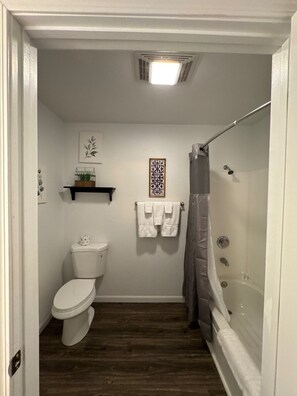 Een badkamer met toilet, douche en bad. Twee handdoeken hangen aan de muur.