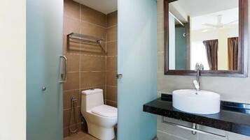 Shower, towels, toilet paper