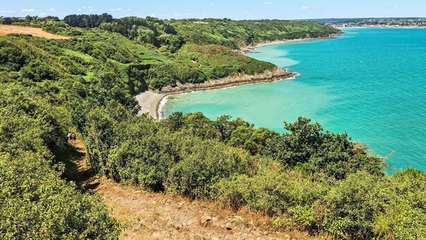 Paisaje costero con abundante vegetación y un mar turquesa cristalino.