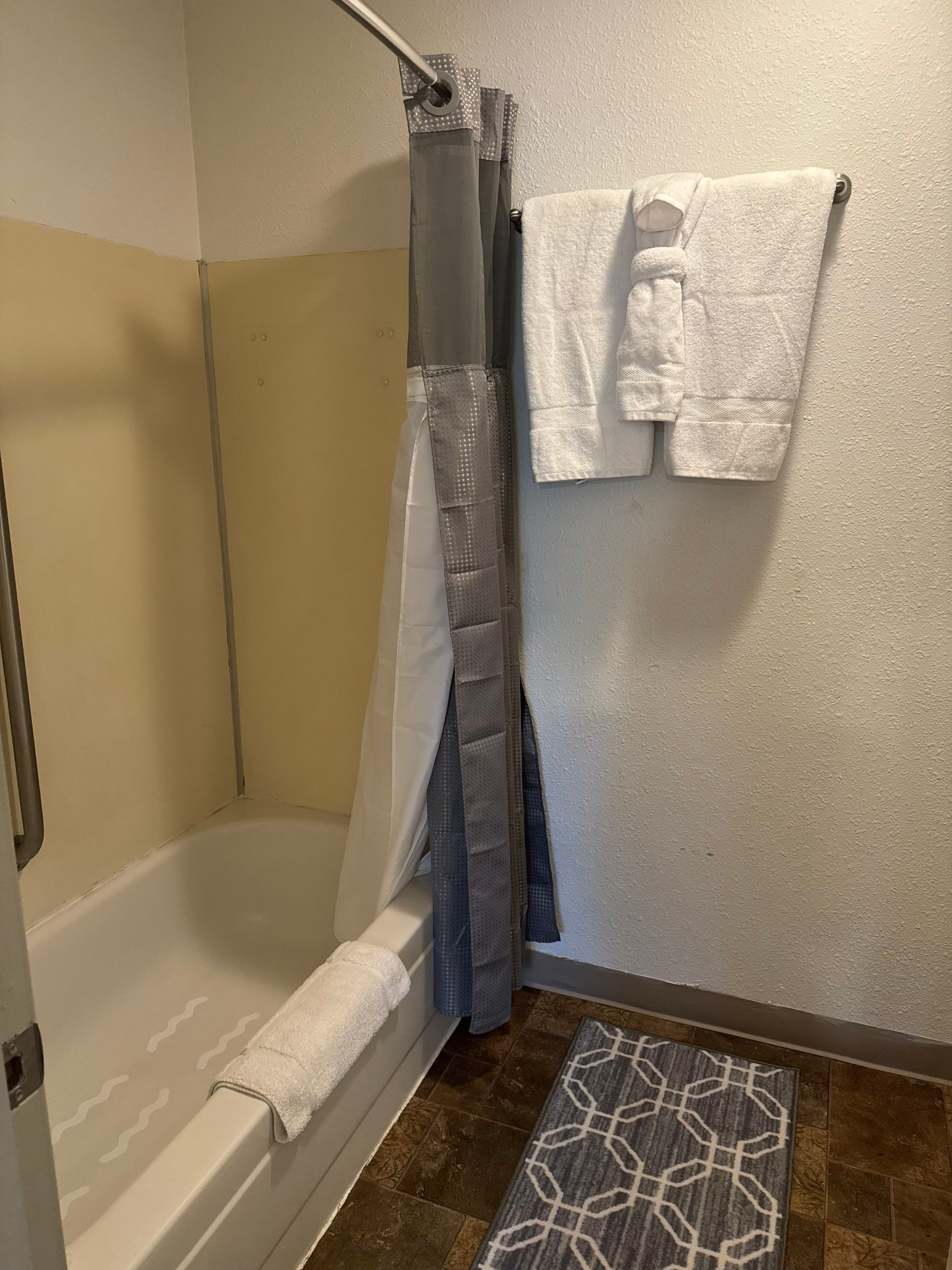 A bathroom with a shower, a towel rack with two towels, and a patterned rug on the floor.