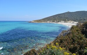 A coastal landscape with clear turquoise waters, a sandy beach, and a hill with sparse vegetation. - PETITE MAISON VUE MER++ (MONTICELLO)