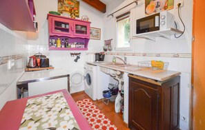 A compact kitchen with a washing machine, a microwave, and a sink. - PETITE MAISON VUE MER++ (MONTICELLO)
