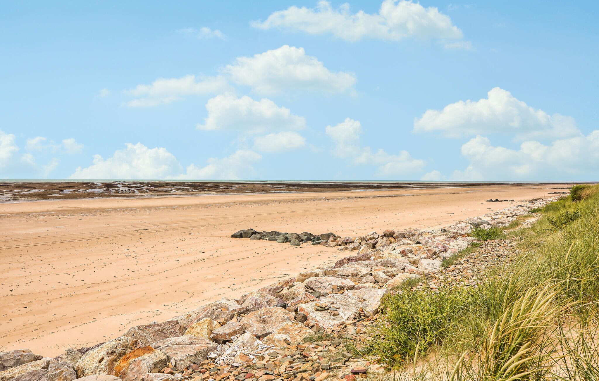 Une vaste plage de sable, parsemée de rochers et où la végétation est clairsemée.