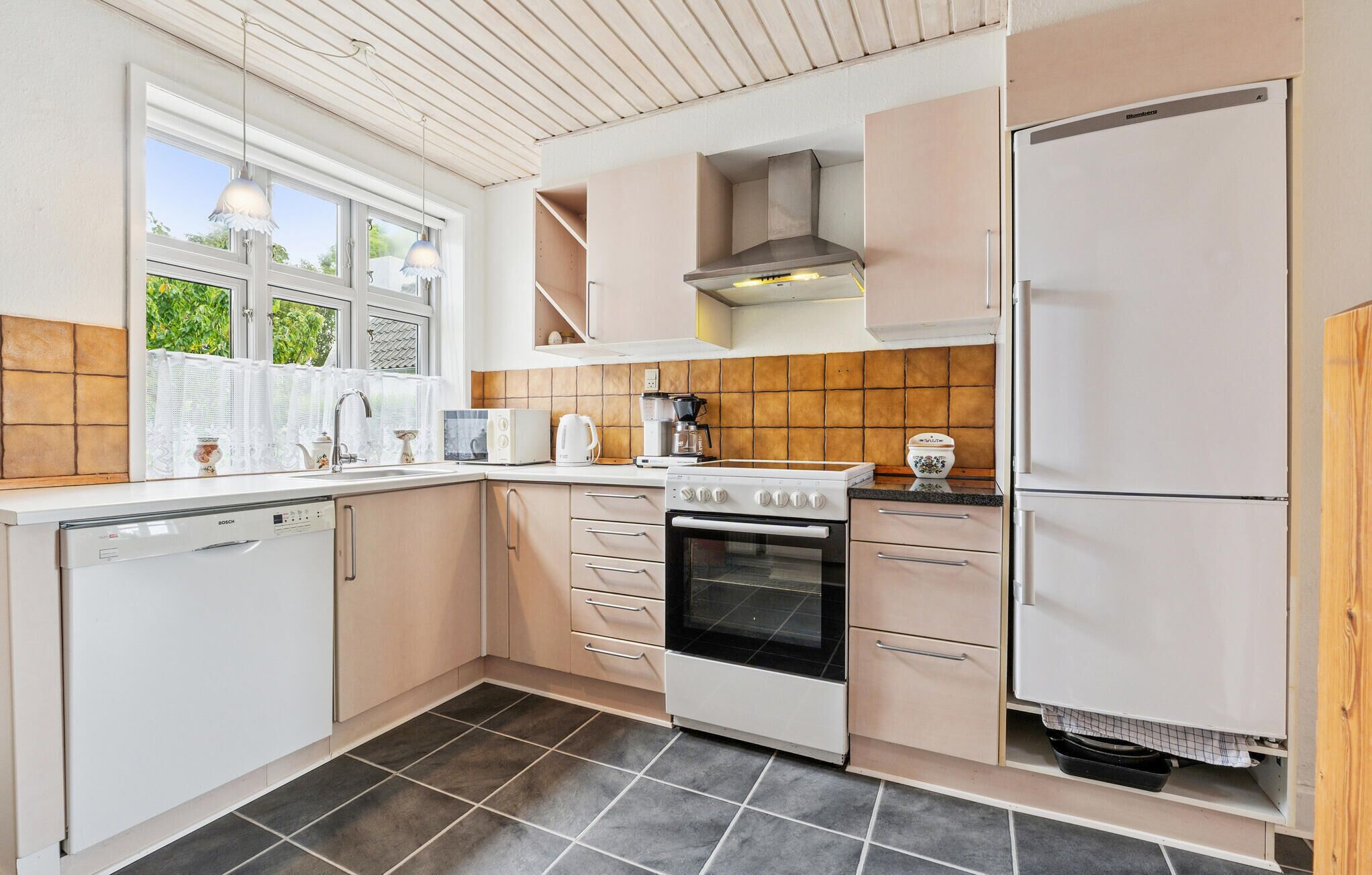 Fridge, stovetop, dishwasher, coffee/tea maker