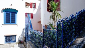 Un vicolo stretto con edifici bianchi, persiane blu e un cancello in ferro battuto blu.