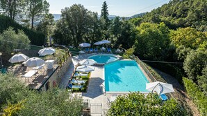 A swimming pool with lounge chairs and umbrellas, surrounded by trees and hills. - Cozy apartment in Montecastelli Pisano (Montecastelli Pisano)