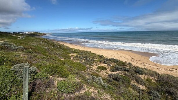 Ett kustlandskap med en sandstrand, gräsklädda sanddyner och en klarblå himmel.