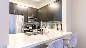 Fridge, microwave, oven, dishwasher