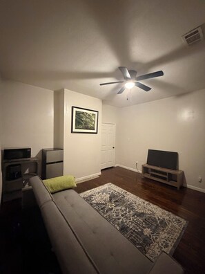 Una sala de estar con ventilador de techo, televisor sobre un mueble bajo, sofá, alfombra y un cuadro enmarcado en la pared.