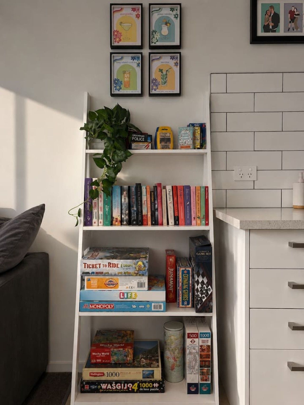 Une bibliothèque contenant divers jeux de société et des livres, une plante et des photos encadrées accrochées au mur.